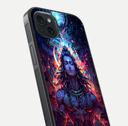 Divine Fire Shiv Glass Case for iPhone 15 Plus close-up highlighting divine detailing and reflection depth