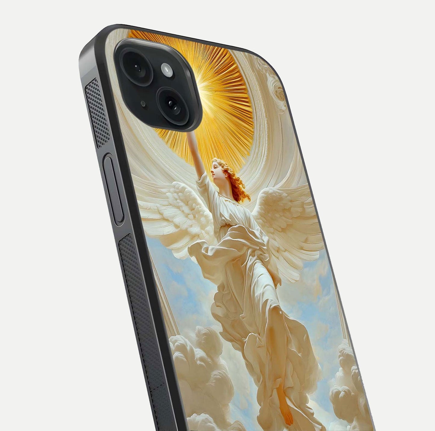 Divine Light Angel Glass Case for iPhone 15 Plus close-up highlighting light rays and glass reflection