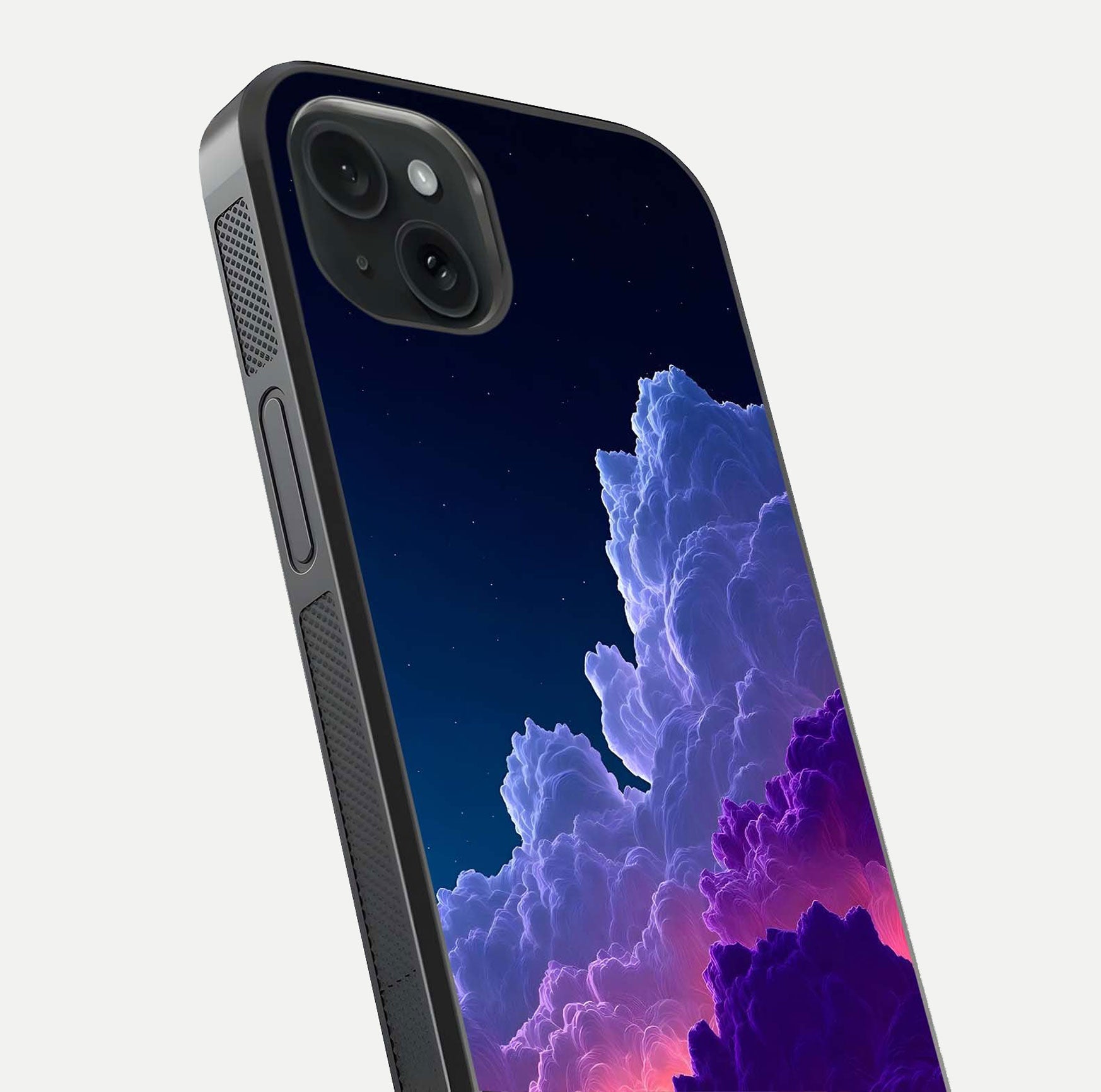Dreamy Cloud Skies Glass Case for iPhone 15 Plus close-up highlighting soft gradient tones and reflection glow