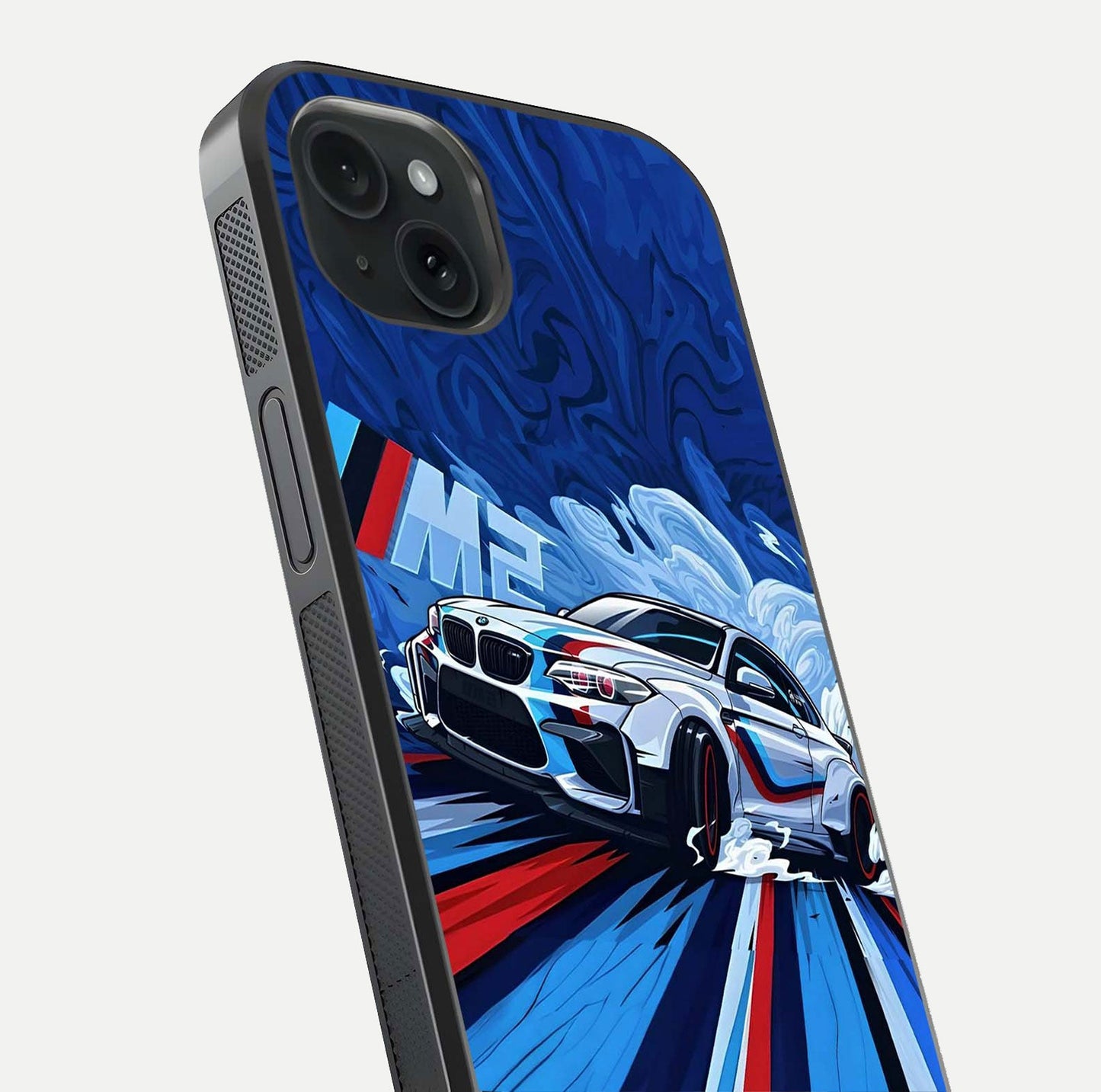 Drift Power Rush Glass Case for iPhone 15 Plus close-up highlighting car reflection and metallic tones