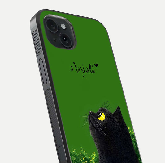 Emerald Cat Custom Name Glass Case for iPhone 15 Plus close-up highlighting feline detail, emerald hues, and reflection polish