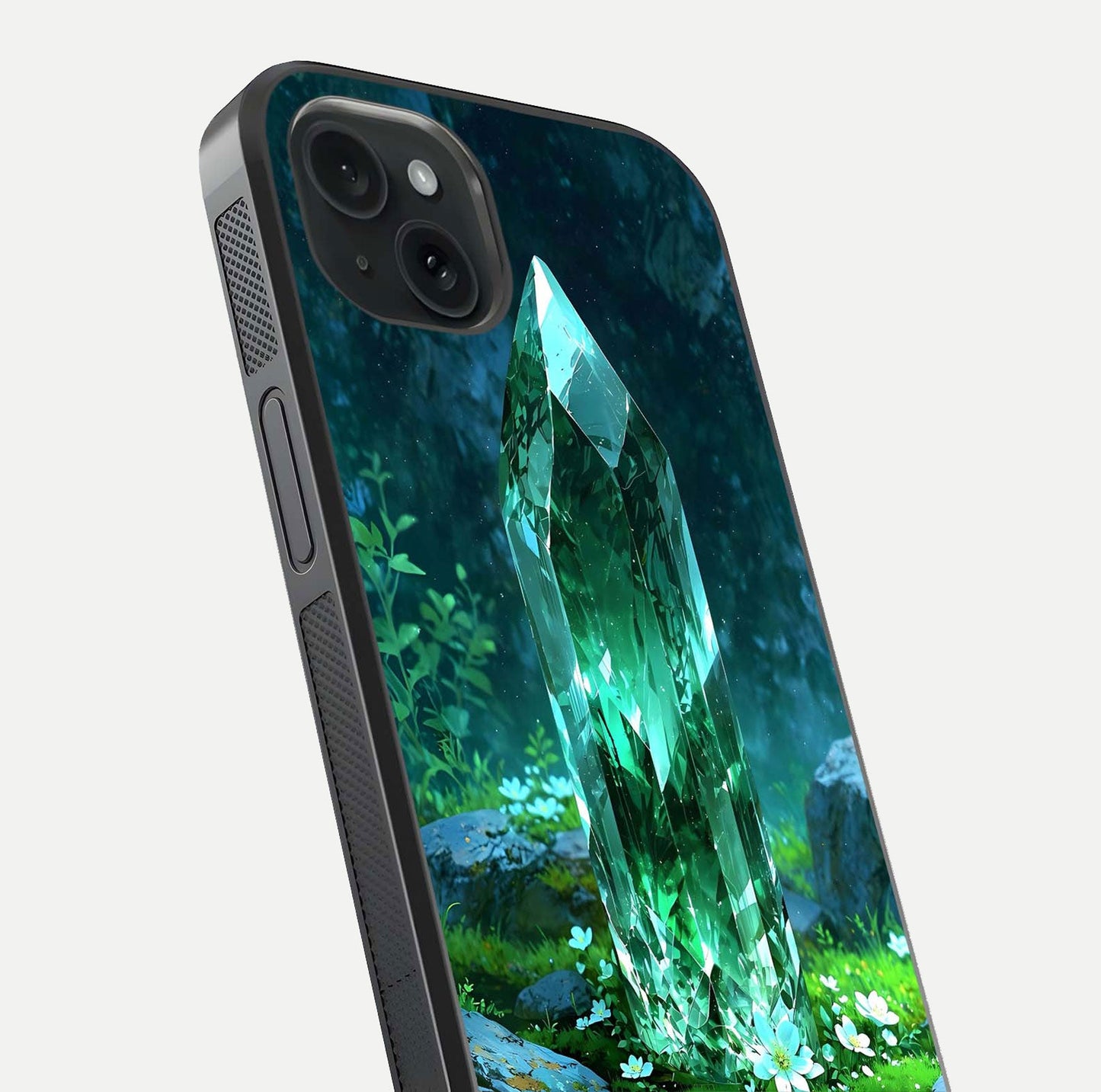 Emerald Light Crystal Glass Case for iPhone 15 Plus close-up highlighting crystal texture and reflection glow