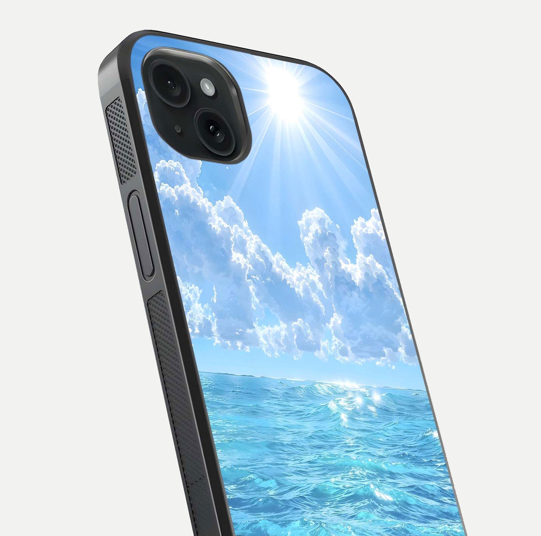 Endless Ocean Horizon Glass Case for iPhone 15 Plus close-up highlighting water texture and reflection shine