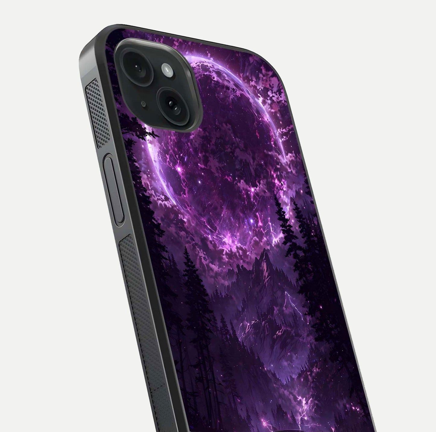 Eternal Cosmic Drive Glass Case for iPhone 15 Plus close-up highlighting cosmic lights and reflection depth