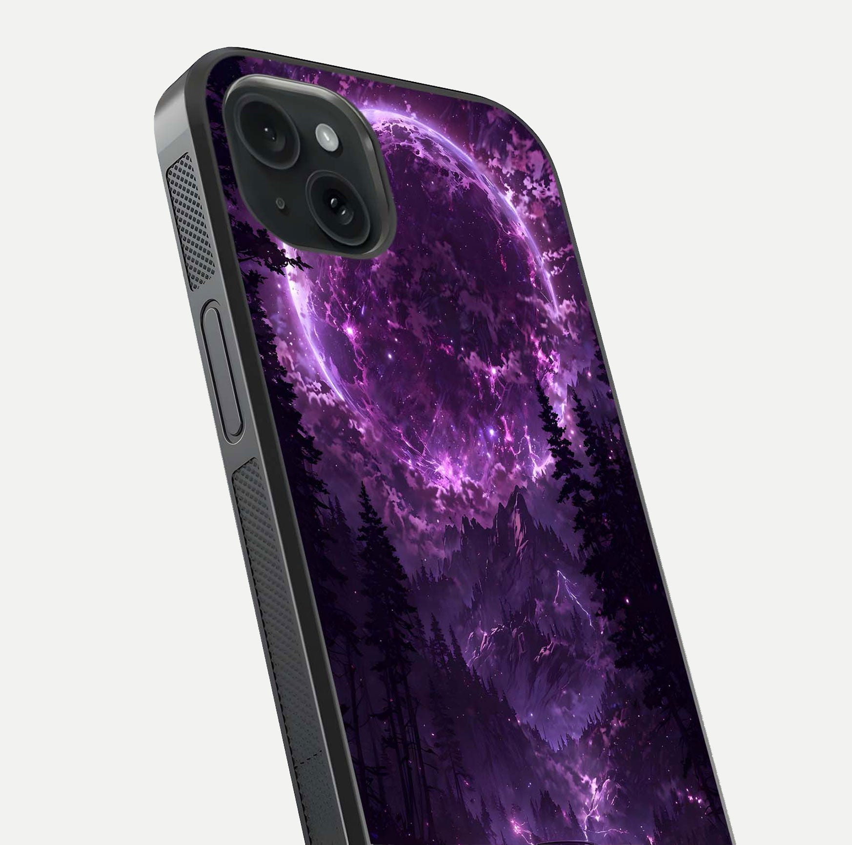 Eternal Cosmic Drive Glass Case for iPhone 15 Plus close-up highlighting cosmic lights and reflection depth