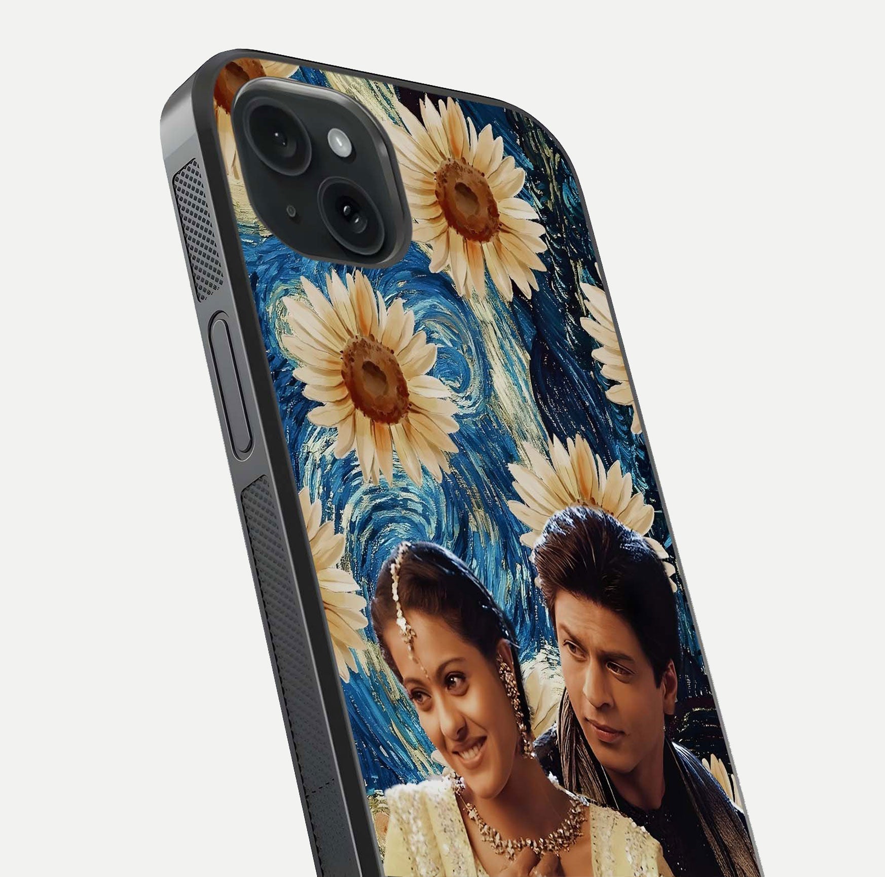 Eternal Love Story Glass Case for iPhone 15 Plus close-up highlighting couple detail and light reflection