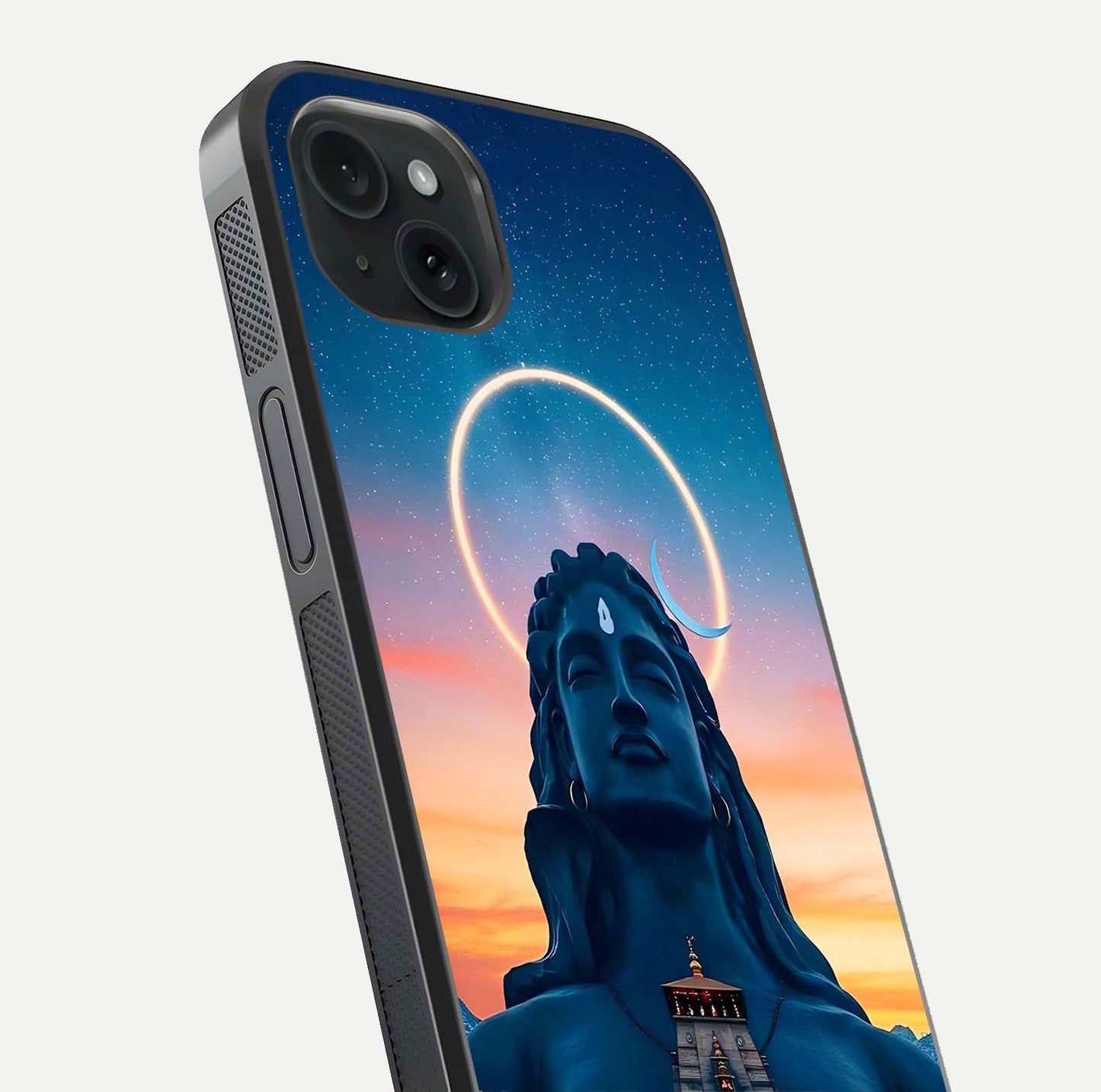 Eternal Shiva Aura Glass Case for iPhone 15 Plus close-up highlighting divine detailing and reflection light