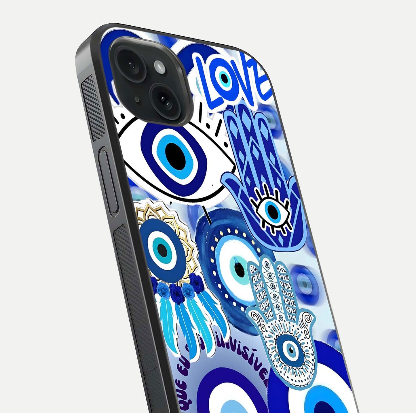 Evil Eyes Dream Glass Case for iPhone 15 Plus close-up highlighting evil-eye charm detail and light reflection on glass