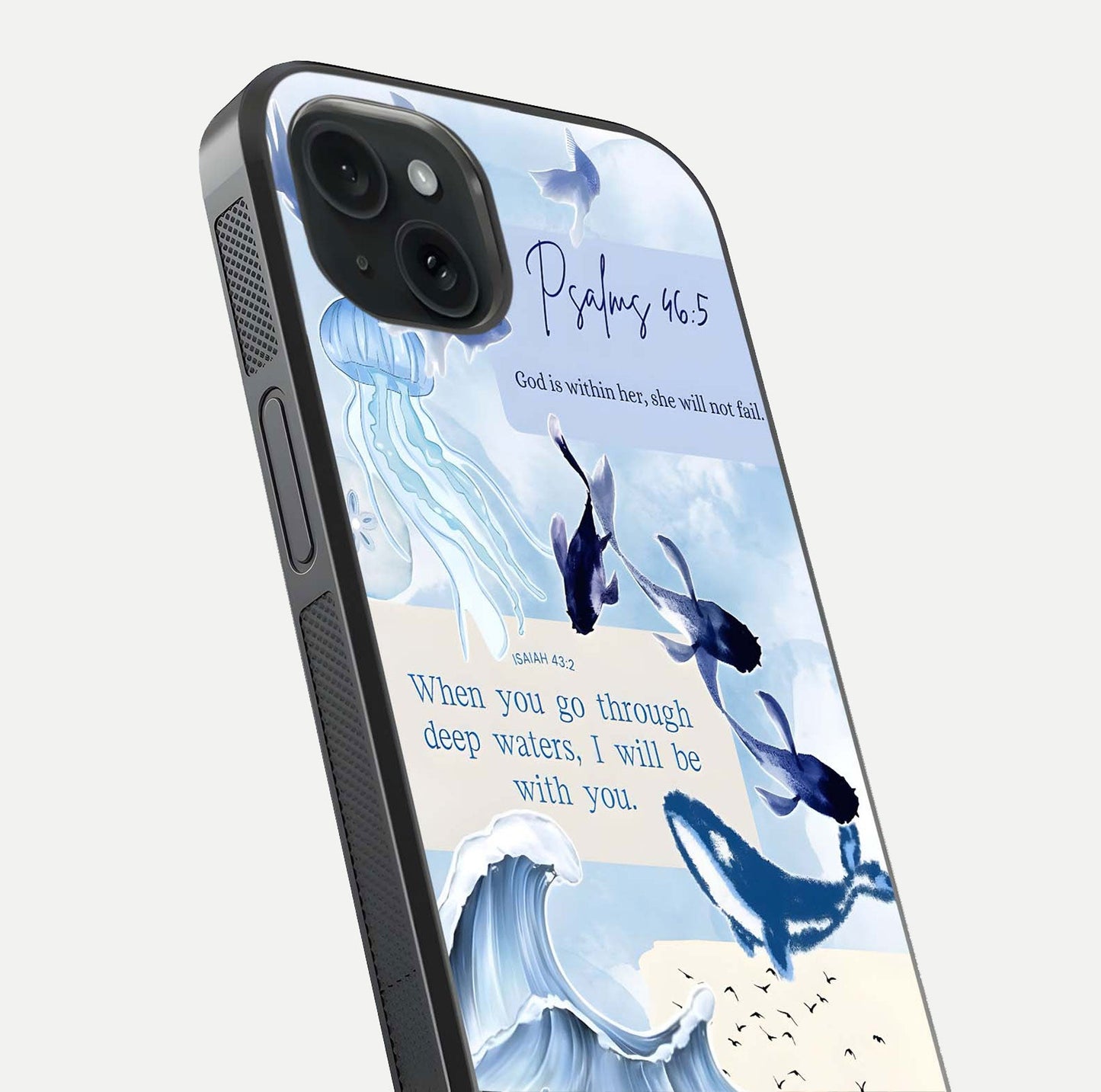 Faithful Ocean Promise Glass Case for iPhone 15 Plus close-up highlighting water reflection and serene blue tones