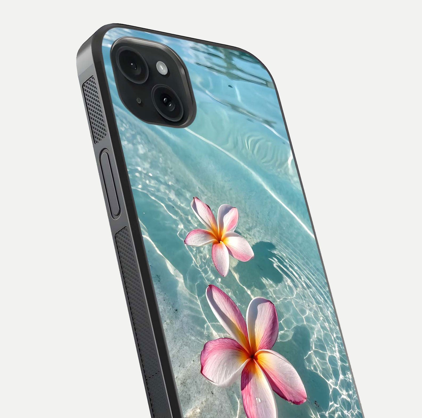 Floating Bloom Bliss Glass Case for iPhone 15 Plus close-up highlighting petal detail and reflection tone