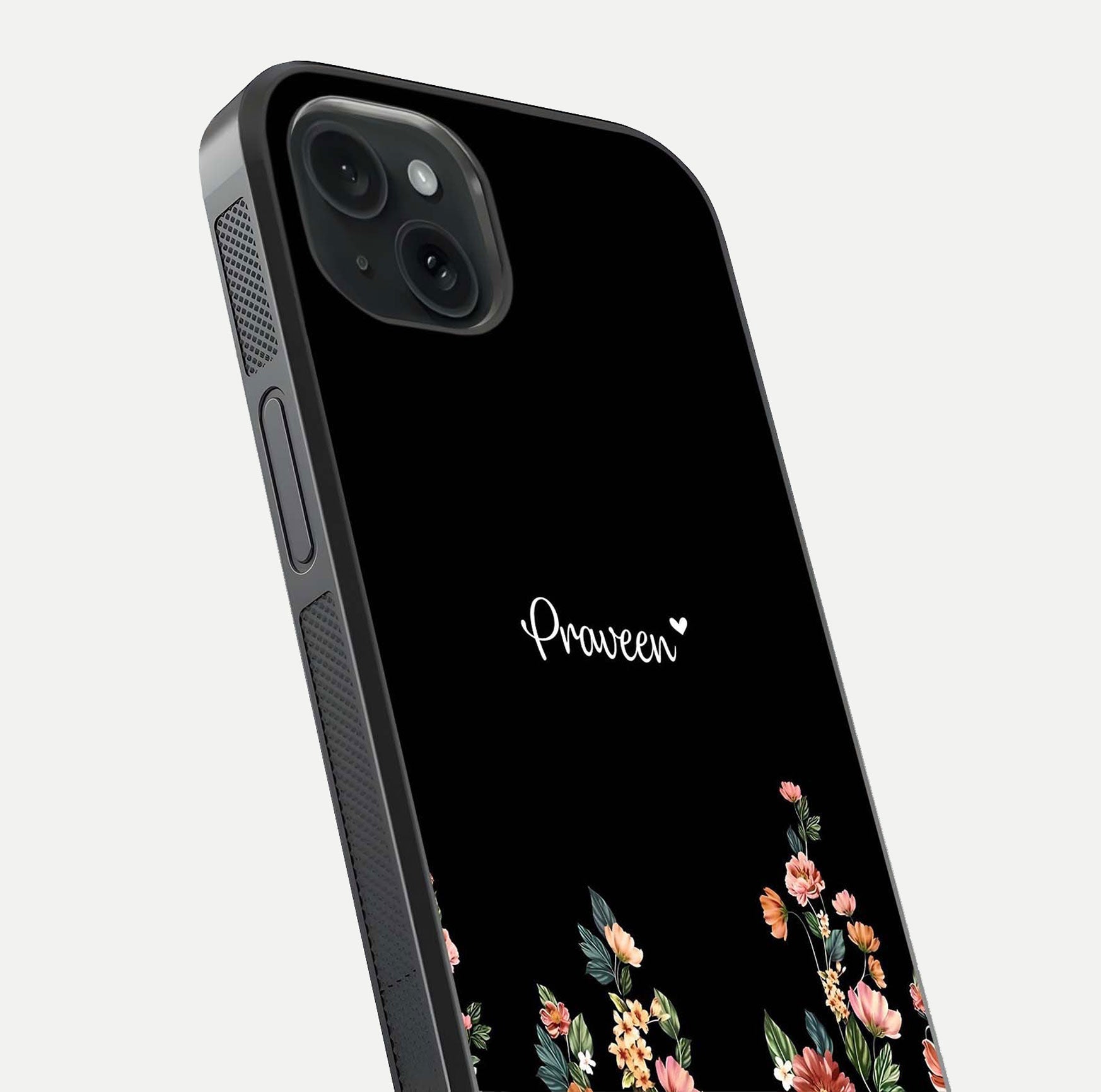 Floral Design Personalized Custom Name Glass Case for iPhone 15 Plus close-up highlighting name clarity, petals, and gloss