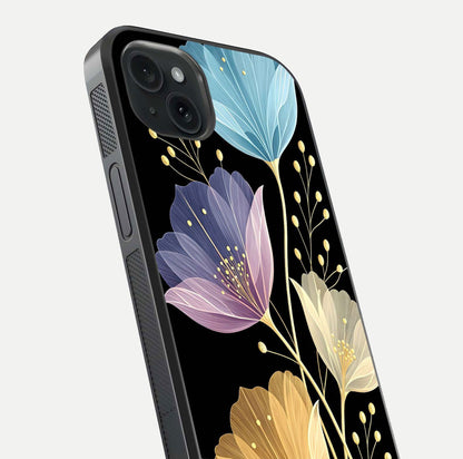 Flower Bloom Glow Glass Case for iPhone 15 Plus close-up highlighting bloom detail and reflection polish