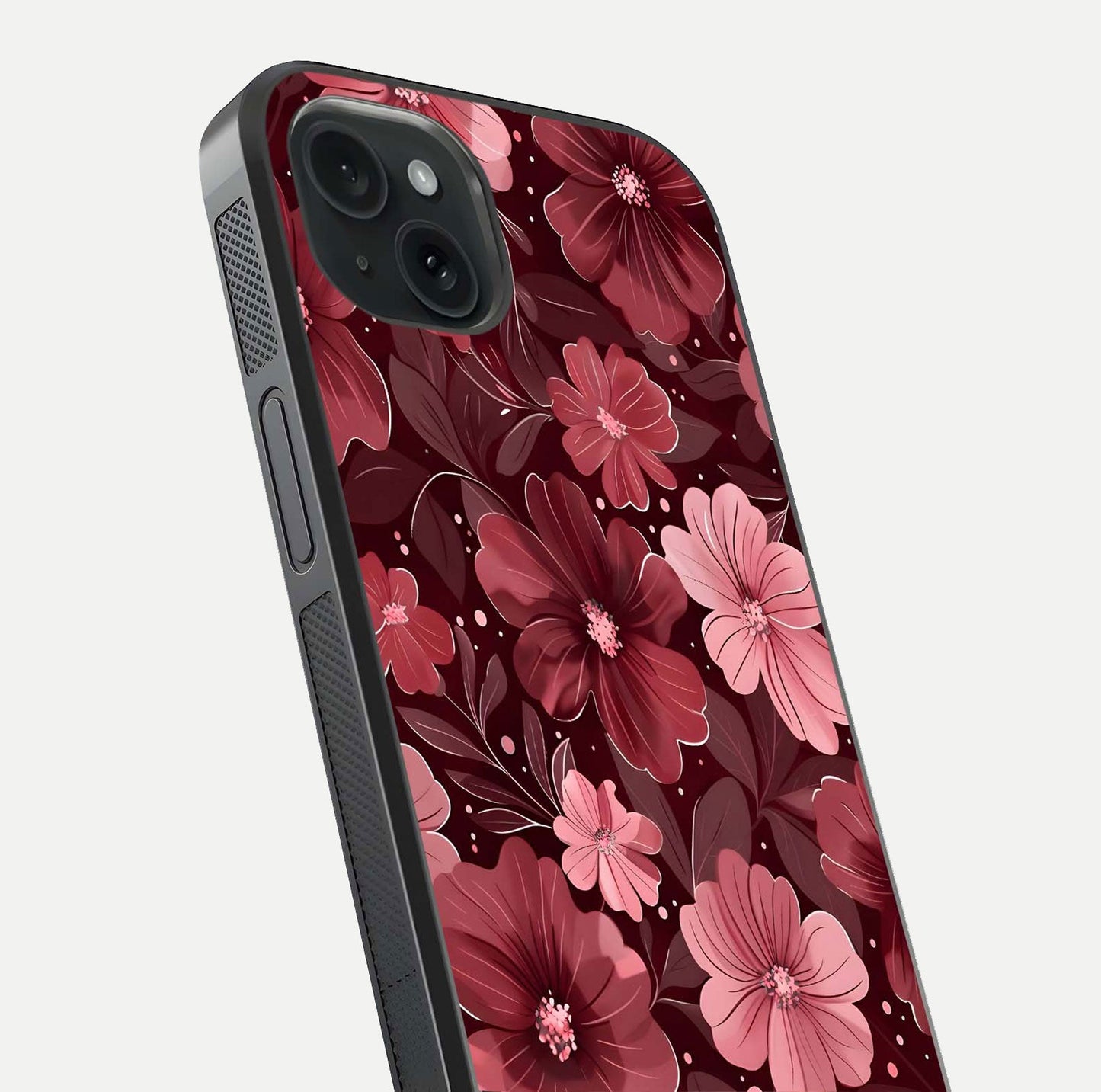 Flower Blush Bloom Glass Case for iPhone 15 Plus close-up highlighting pastel tones and reflection clarity