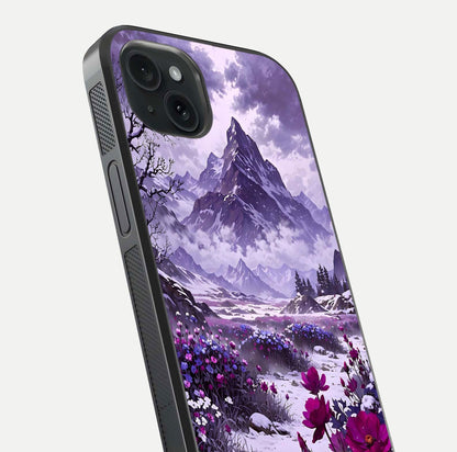 Flower Mountain View Glass Case for iPhone 15 Plus close-up highlighting petal details and sky reflection