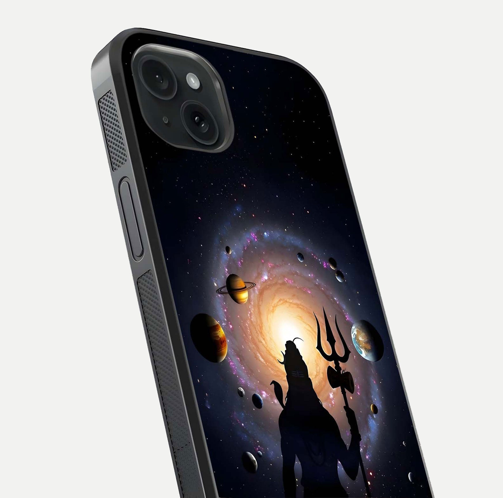 Galactic Shiva Vision Glass Case for iPhone 15 Plus close-up angled shot highlighting divine aura, trident details, and reflection shine