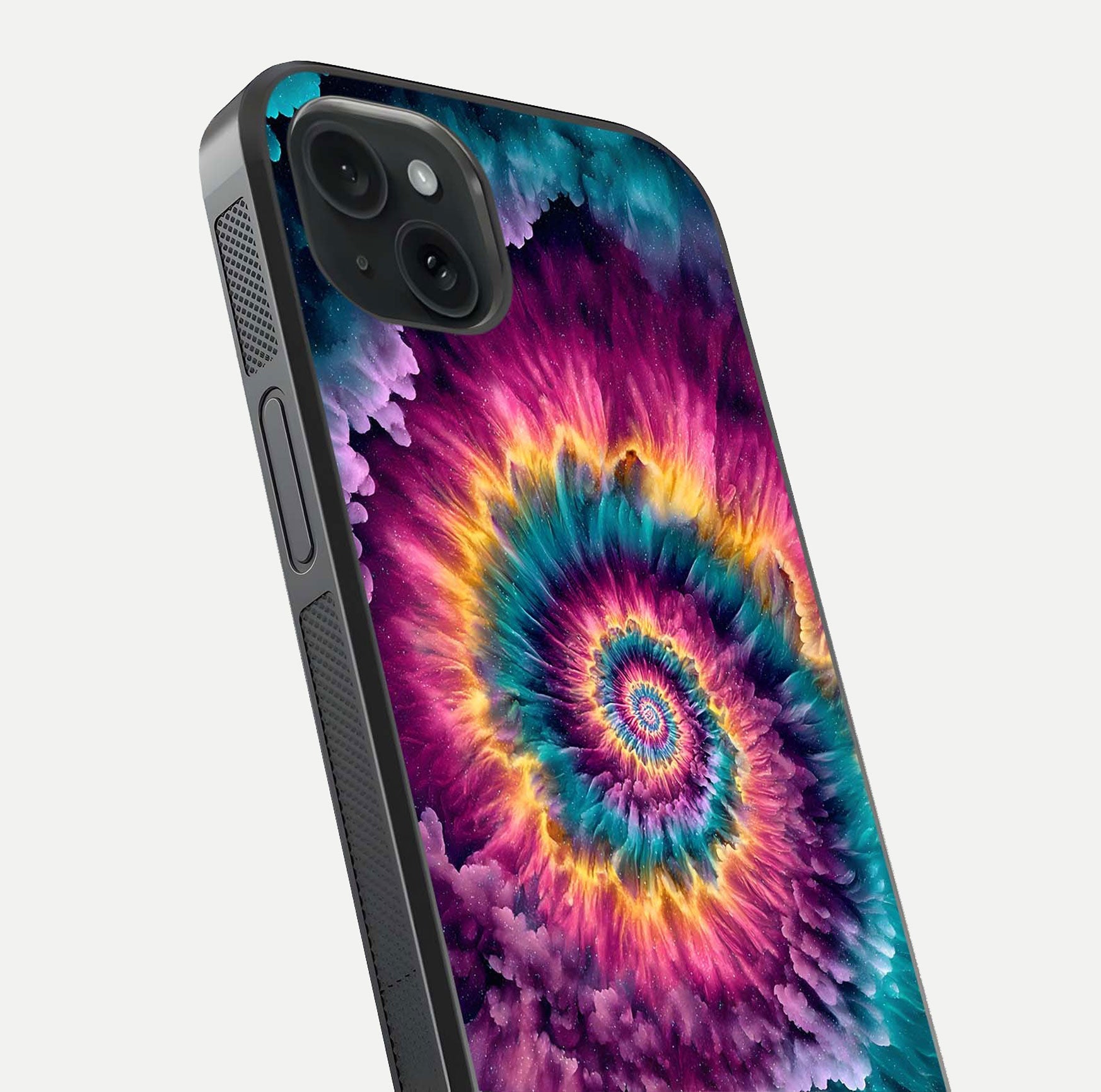 Galactic Spiral Burst Glass Case for iPhone 15 Plus close-up angled shot showing spiral burst detail, neon tones, and glossy reflection