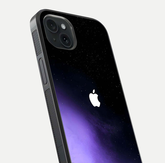 Galaxy Apple Aura Glass Case for iPhone 15 Plus close-up angled shot showing aura lighting and reflection polish