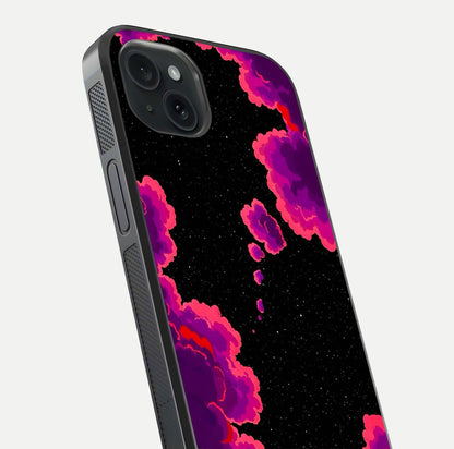 Galaxy Dream Frame Glass Case for iPhone 15 Plus close-up angled shot showing nebula patterns and reflection glow