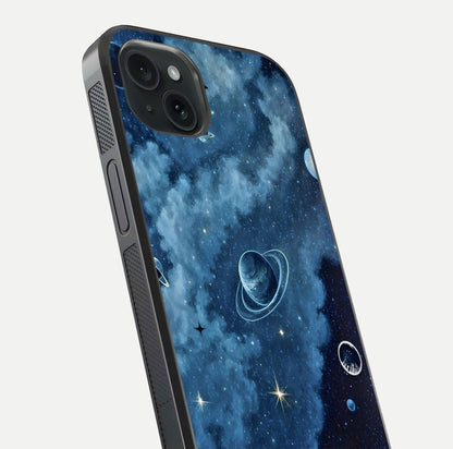 Galaxy Dream Space Glass Case for iPhone 15 Plus close-up angled shot highlighting nebula details and reflection shine