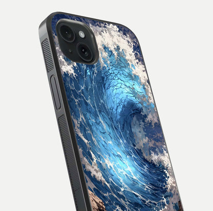 Giant Ocean Wave Glass Case for iPhone 15 Plus close-up angled shot showing wave texture and water reflection shine