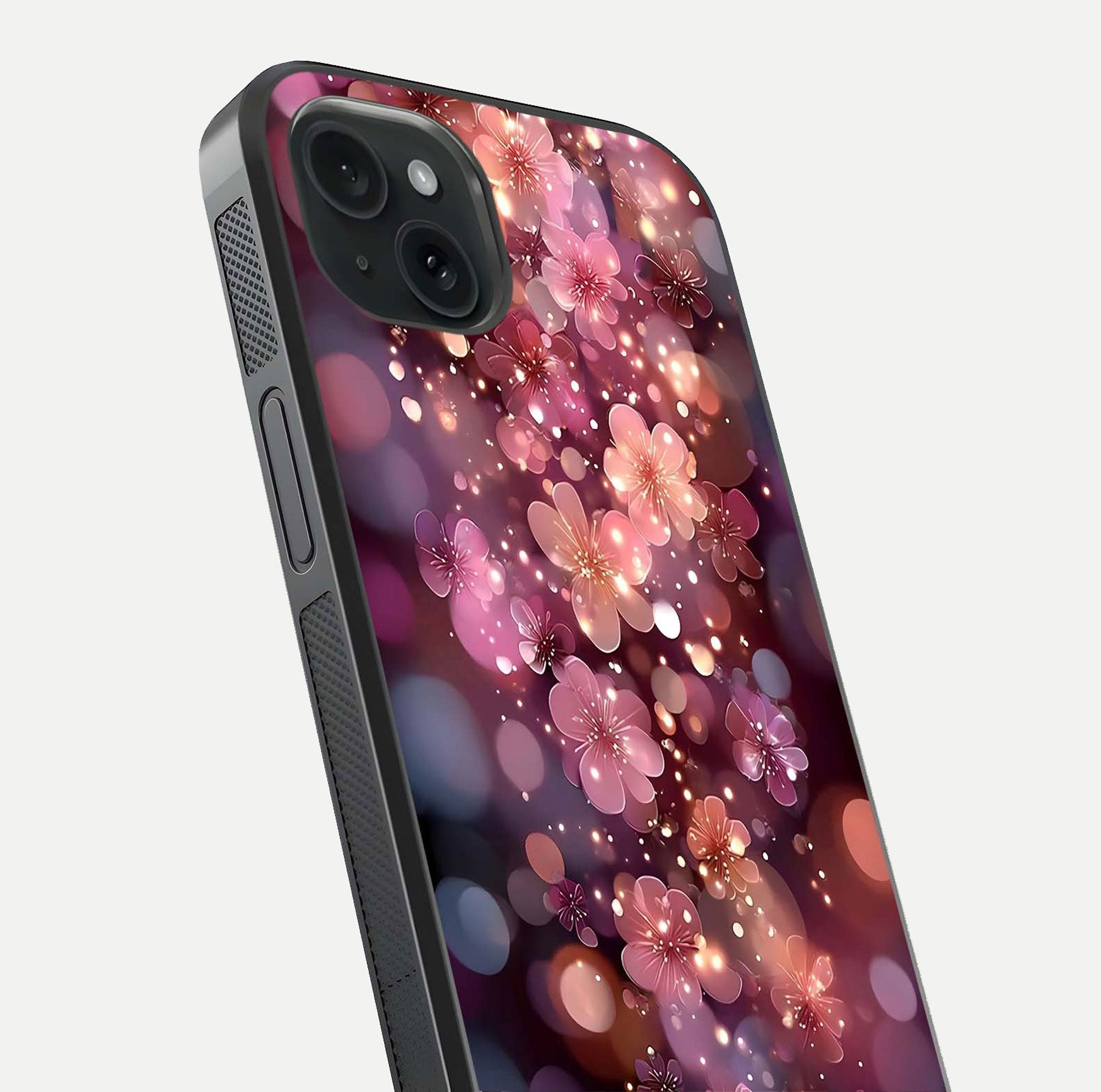 Glowing Petal Bliss Glass Case for iPhone 15 Plus close-up angled shot showing petal glow, color depth, and reflection shine