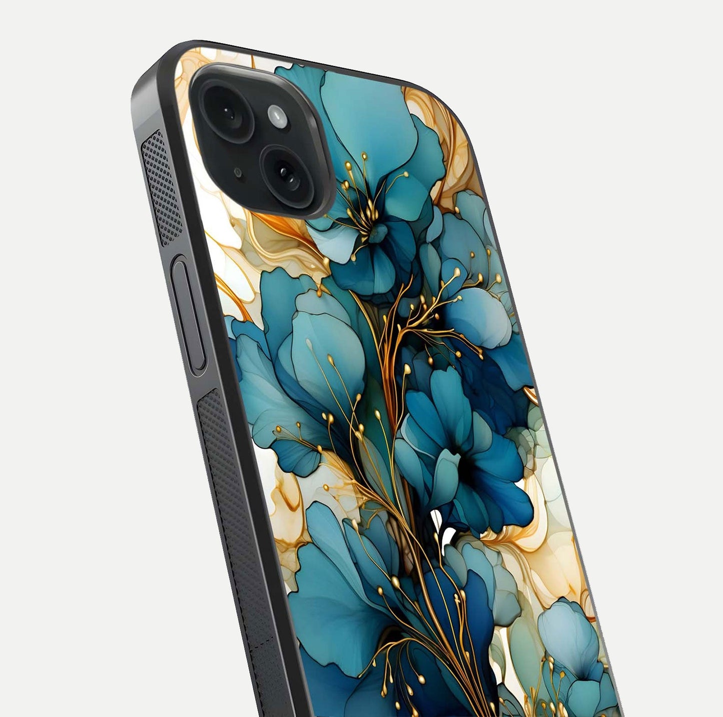 Golden Bloom Symphony Glass Case for iPhone 15 Plus close-up angled shot showing detailed petals and metallic gold reflection