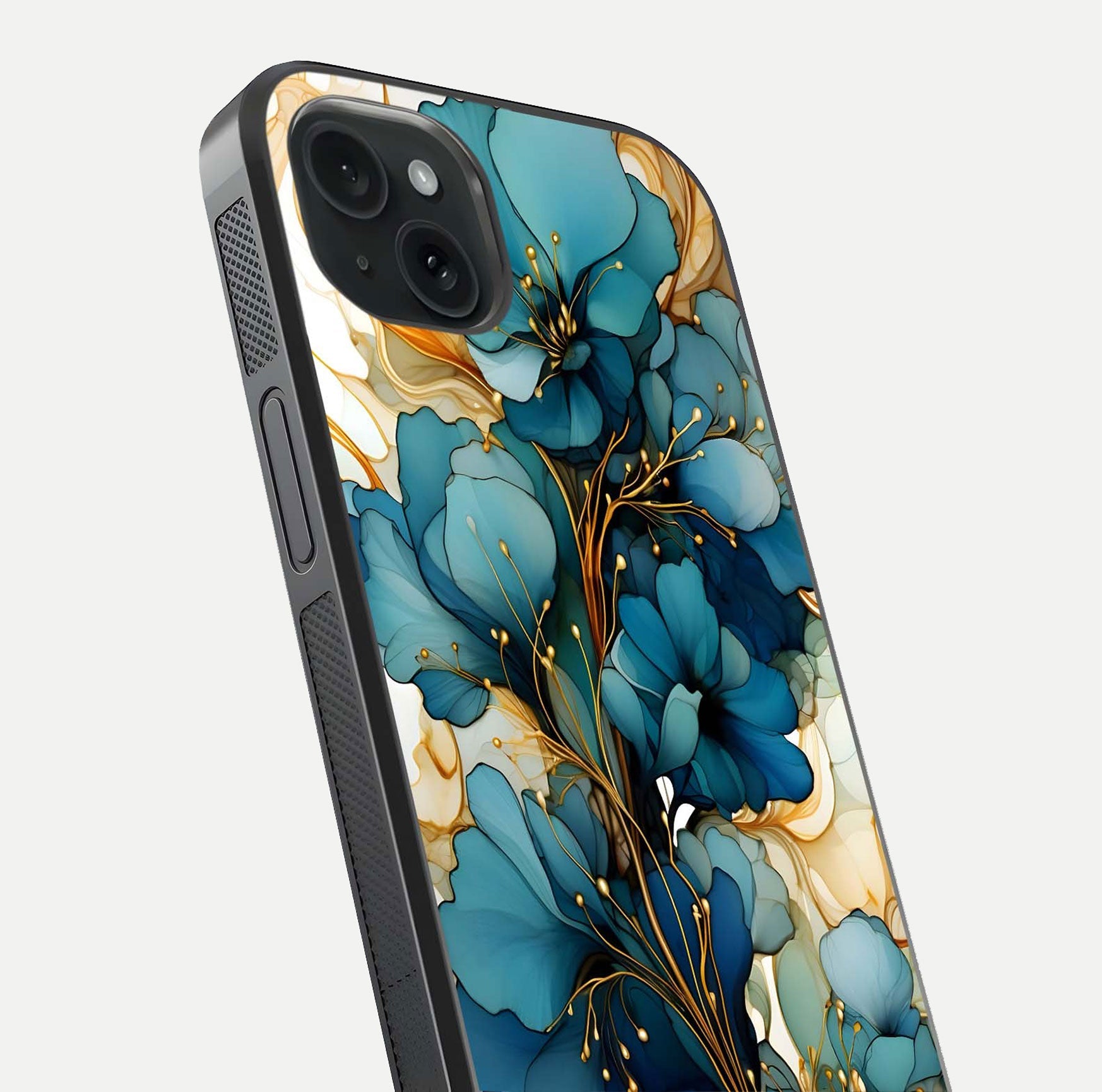 Golden Bloom Symphony Glass Case for iPhone 15 Plus close-up angled shot showing detailed petals and metallic gold reflection