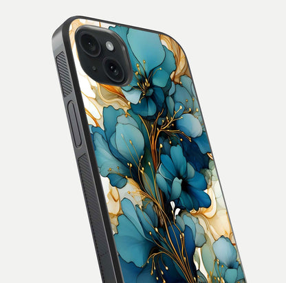 Golden Bloom Symphony Glass Case for iPhone 15 Plus close-up angled shot showing detailed petals and metallic gold reflection