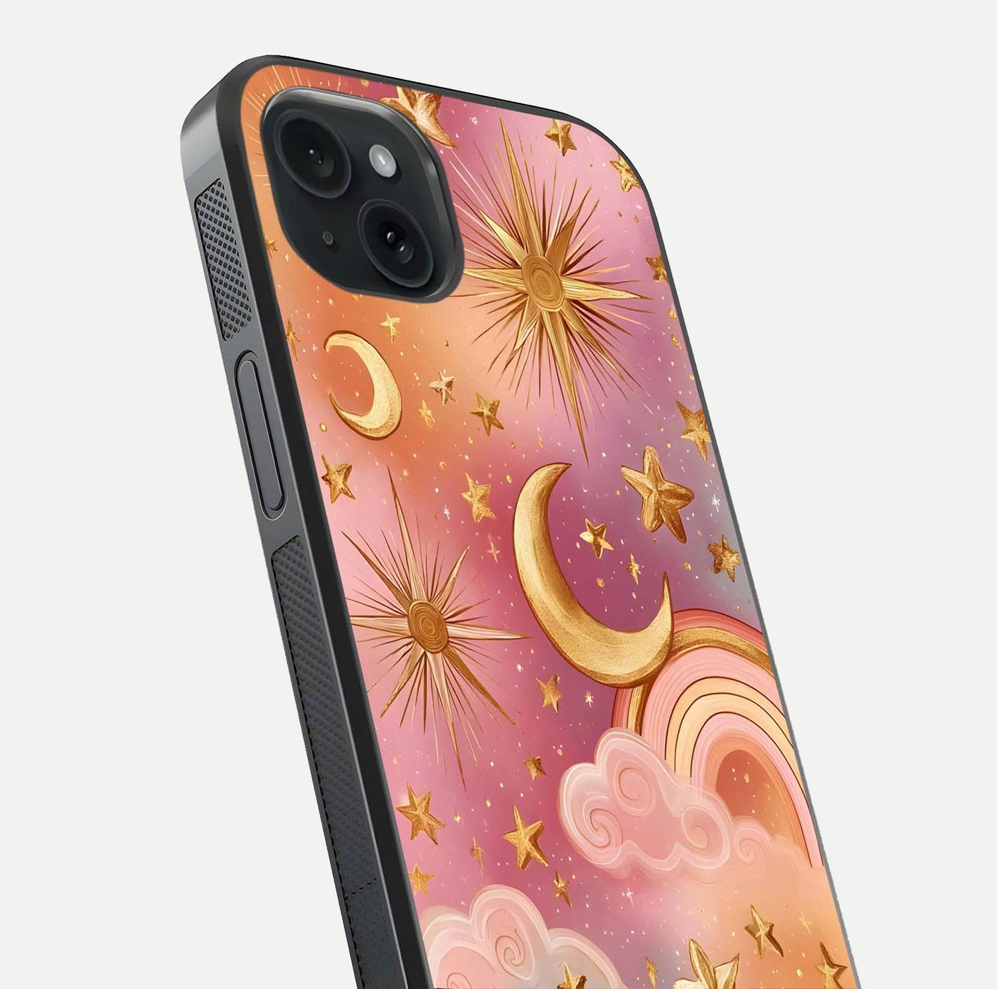Golden Celestial Dreams Glass Case for iPhone 15 Plus close-up angled shot showing cosmic gold tones and reflection shine