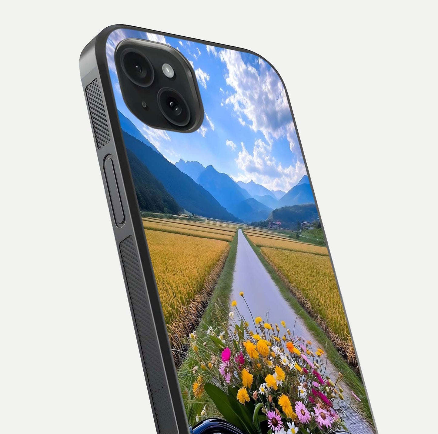 Golden Field Journey Glass Case for iPhone 15 Plus close-up angled shot showing sunlight tones and reflection clarity