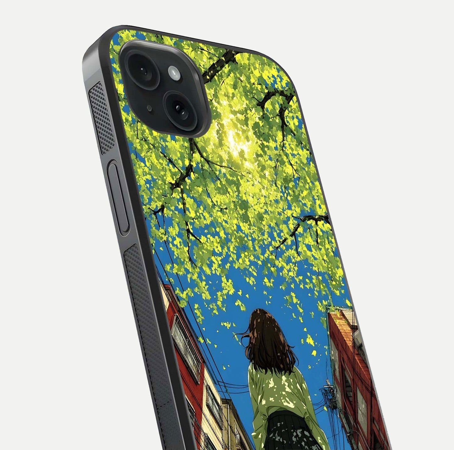 Golden Leaves Glow Glass Case for iPhone 15 Plus close-up angled shot showing fine leaf texture and reflection shine