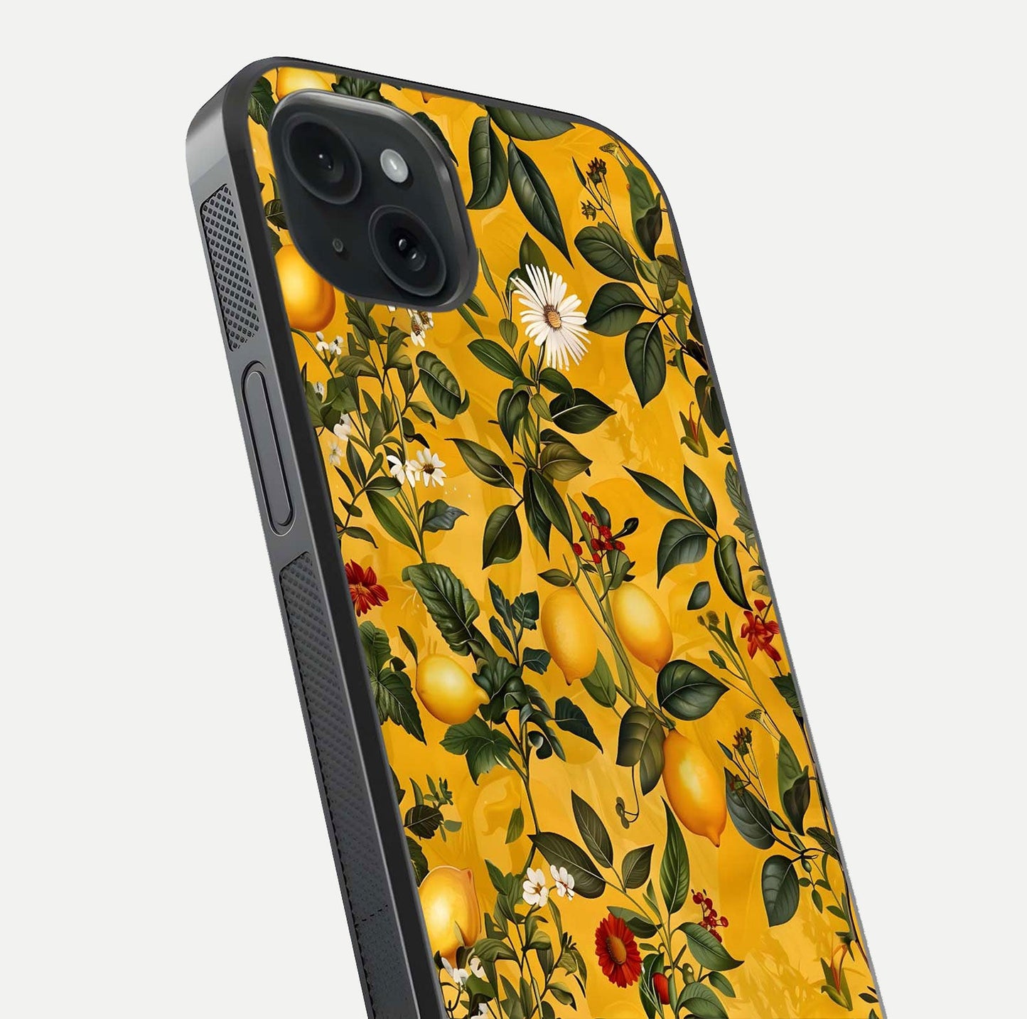 Golden Lemon Field Glass Case for iPhone 15 Plus close-up angled shot showing citrus texture and reflection brilliance