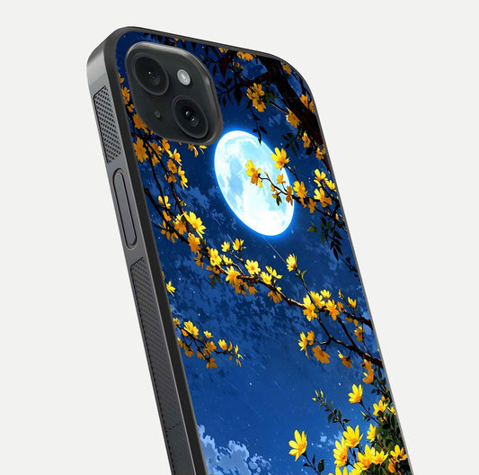 Golden Night Glow Glass Case for iPhone 15 Plus close-up angled shot showing shimmer texture and light reflection