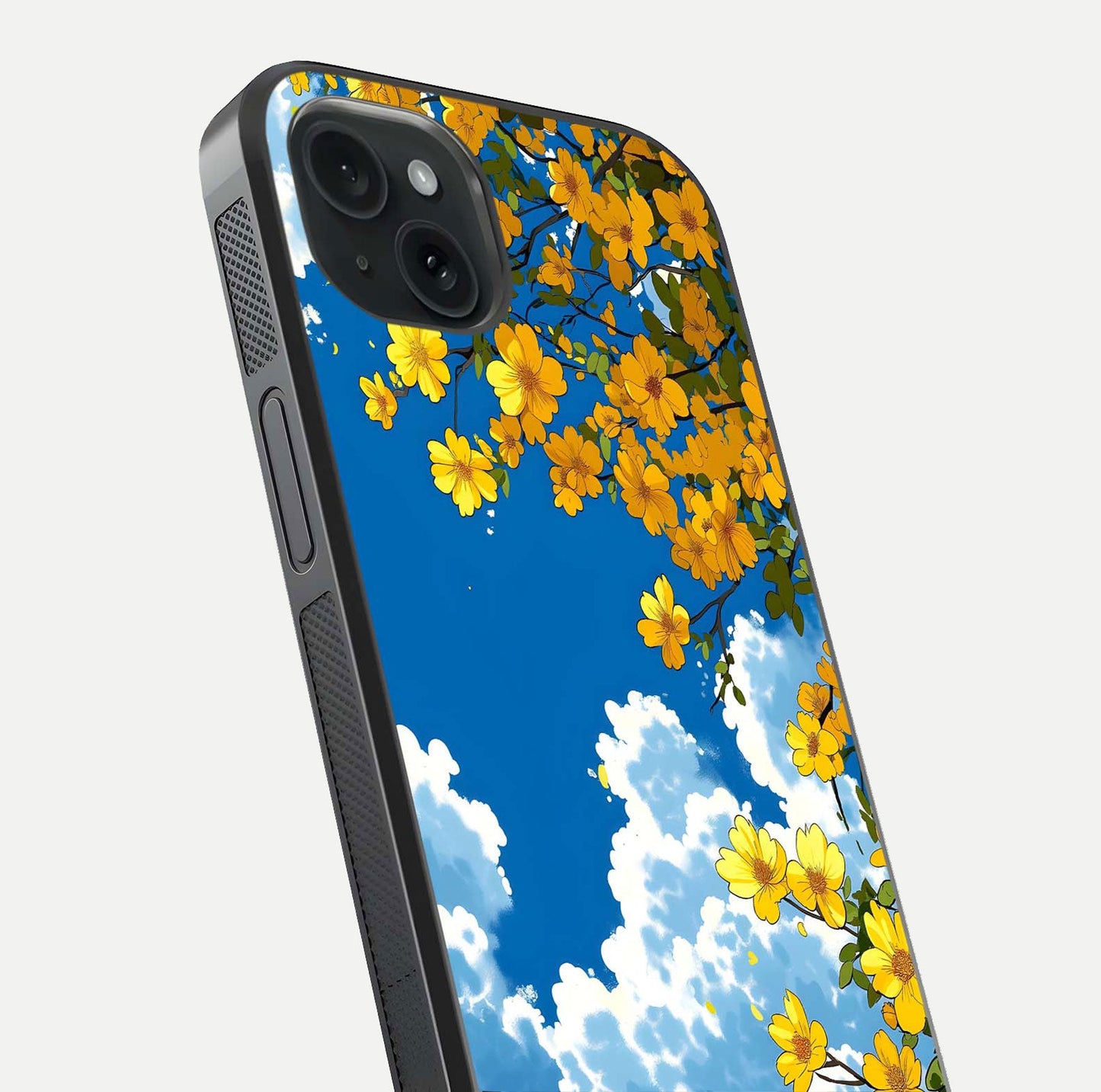 Golden Petal Sky Glass Case for iPhone 15 Plus close-up angled shot showing petal texture and shine reflection