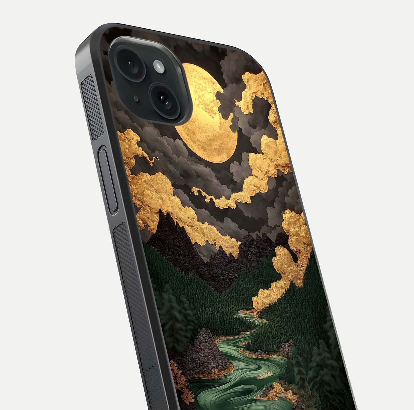 Golden River Moon Glass Case for iPhone 15 Plus close-up angled shot showing moon reflection and water shine
