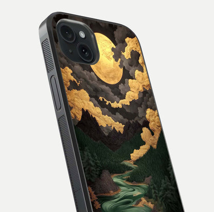 Golden River Moon Glass Case for iPhone 15 Plus close-up angled shot showing moon reflection and water shine