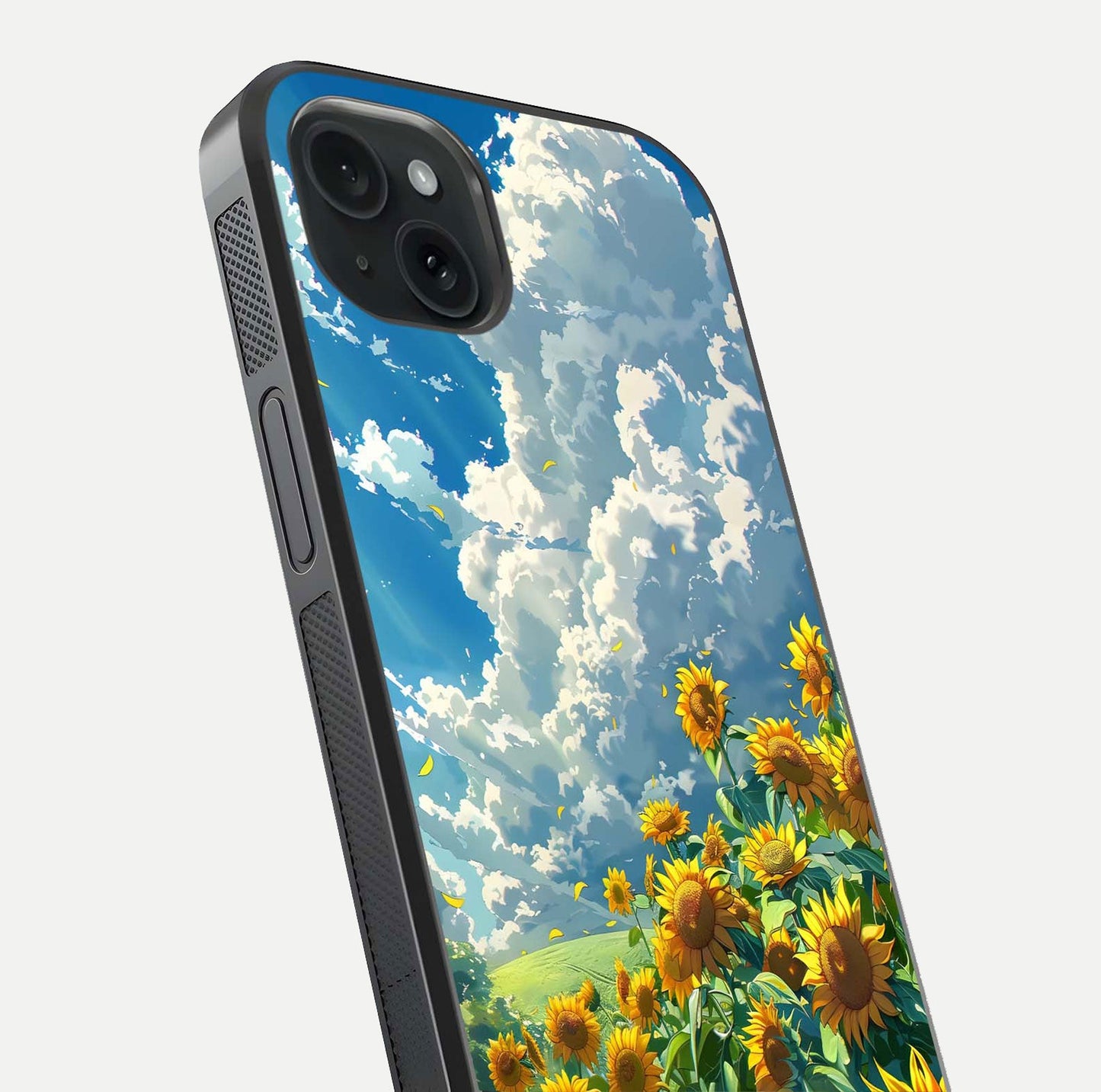 Golden Sun Glory Glass Case for iPhone 15 Plus close-up angled shot showing sunlight reflection and gold detailing