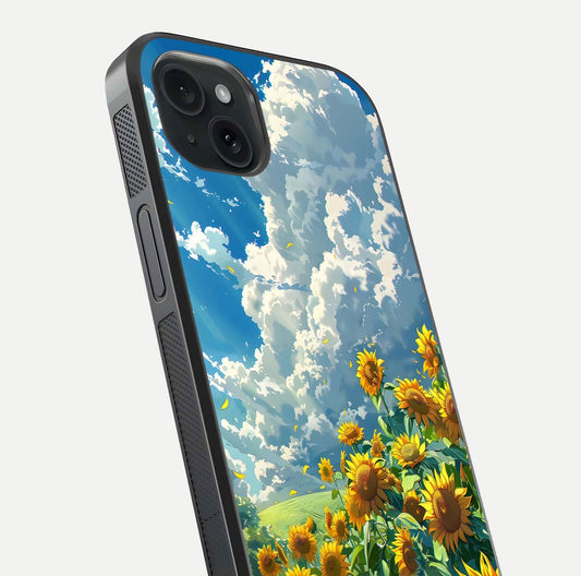Golden Sun Glory Glass Case for iPhone 15 Plus close-up angled shot showing sunlight reflection and gold detailing