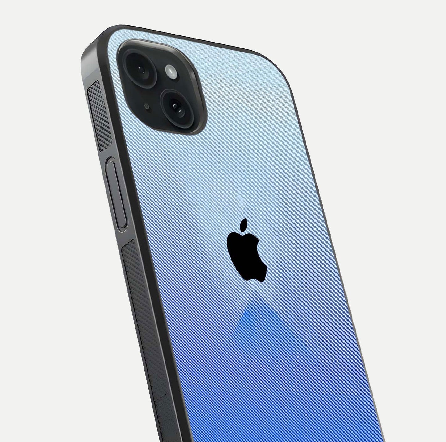 Gradient Apple Vibe Glass Case for iPhone 15 Plus close-up angled shot showing color transition and reflection brightness