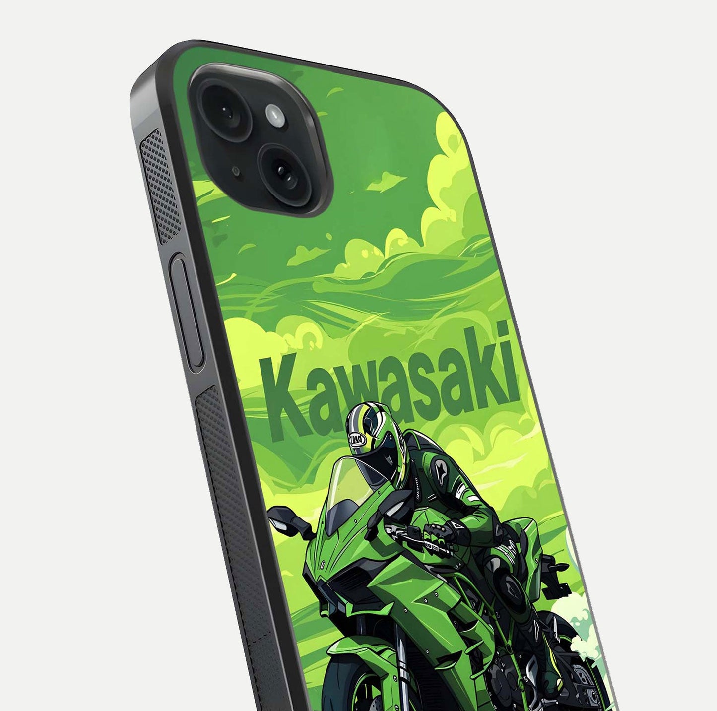 Green Kawasaki Glass Case for iPhone 15 Plus close-up angled shot showing sporty line details and reflection shine