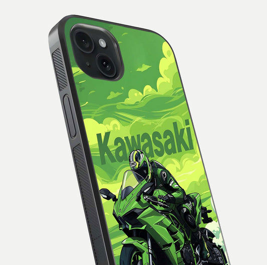 Green Kawasaki Glass Case for iPhone 15 Plus close-up angled shot showing sporty line details and reflection shine