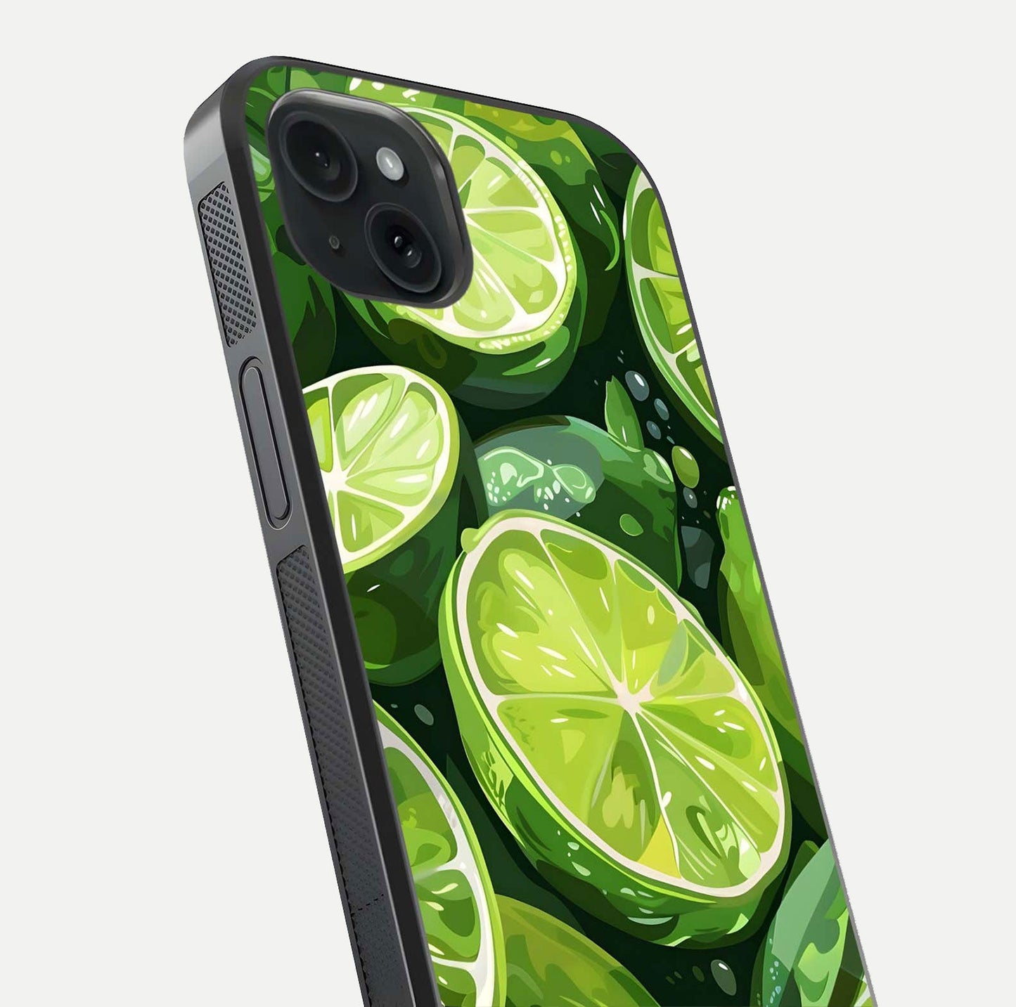 Green Lemon Glass Case for iPhone 15 Plus close-up angled shot showing lemon slice texture and reflection brightness
