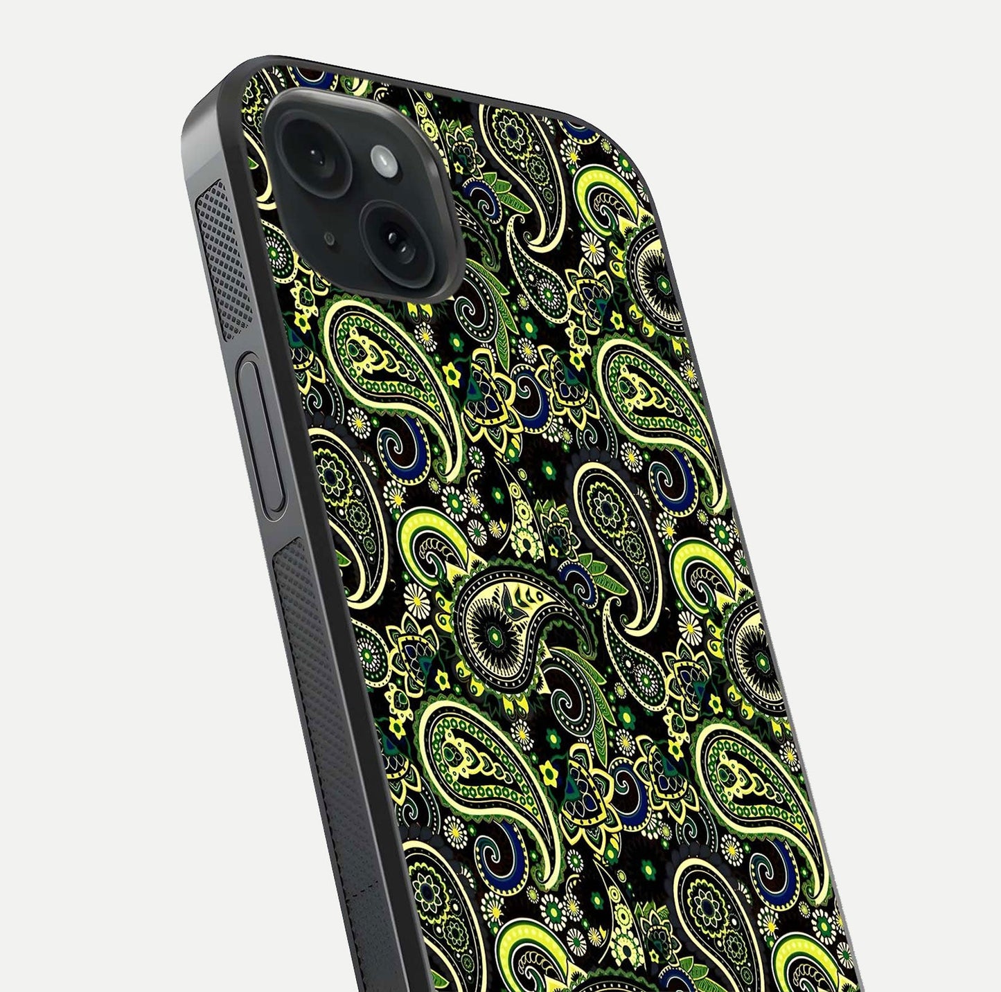 Green Mandala Pattern Glass Case for iPhone 15 Plus close-up angled shot showing fine detailing and gold-green reflection