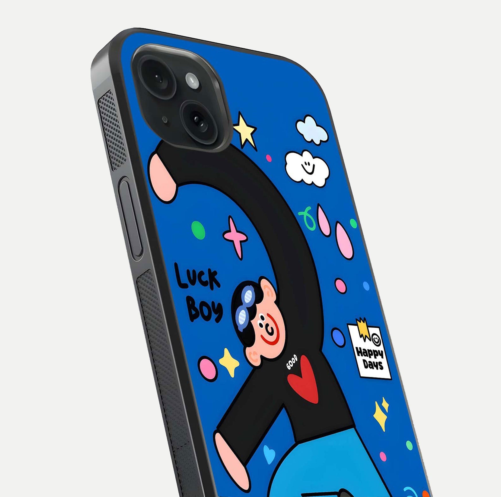 Happy Luck Vibe Glass Case for iPhone 15 Plus close-up angled shot showing color details and reflection shine