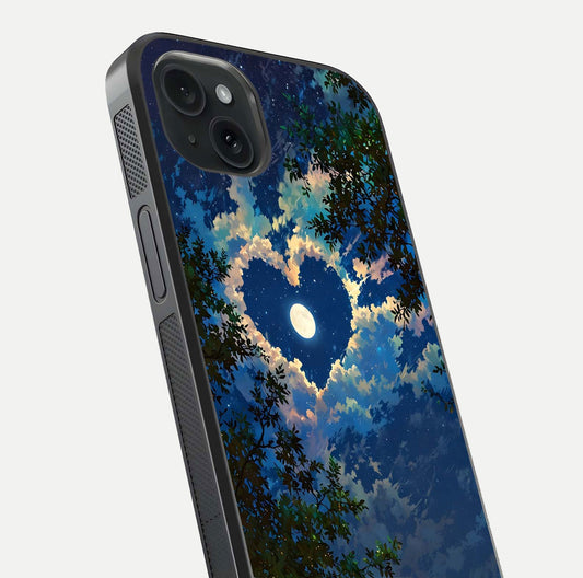 Heart with Moon Sky Glass Case for iPhone 15 Plus close-up angled shot showing lunar reflection and shine detail