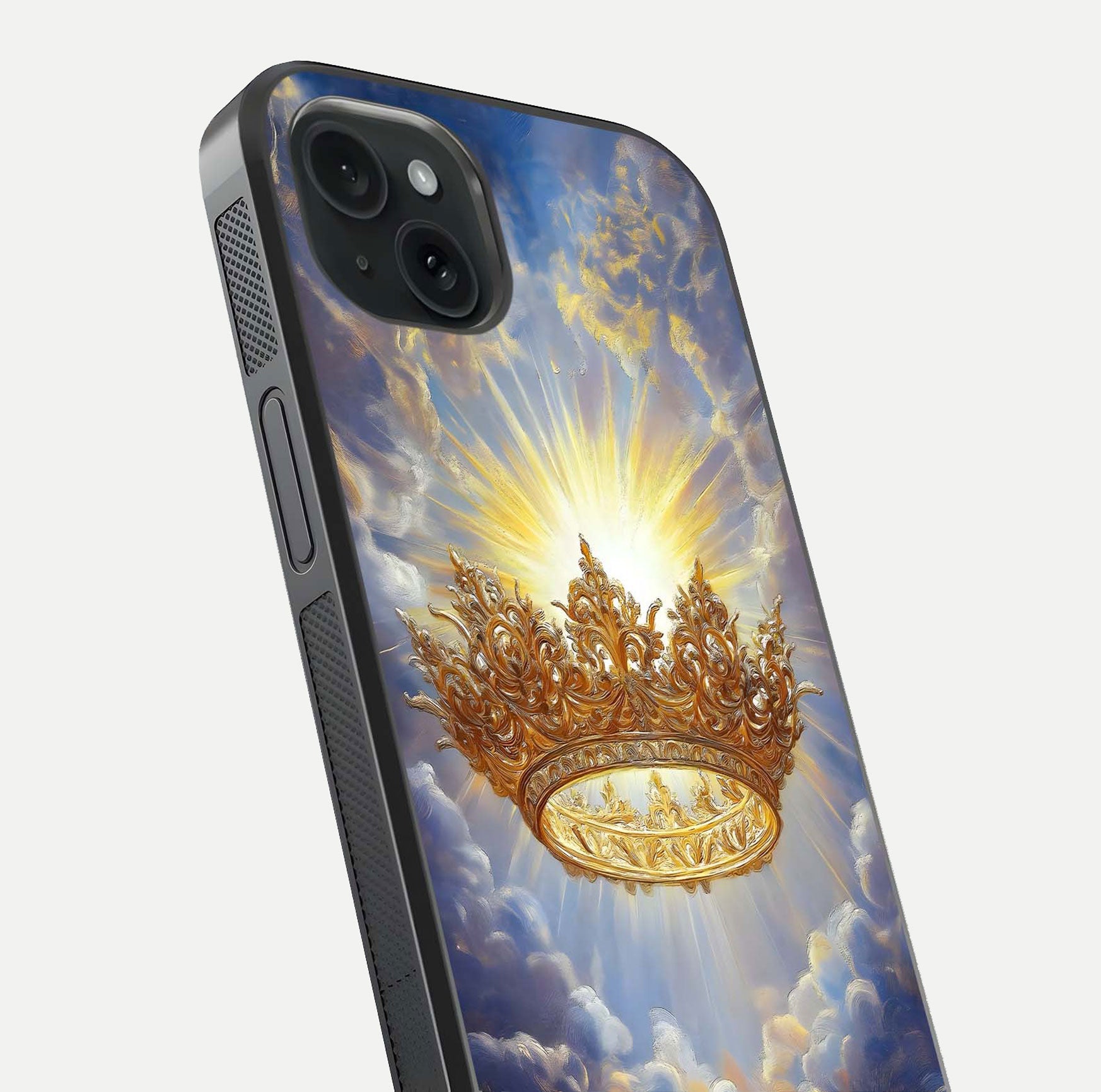 Heavenly Crown Light Glass Case for iPhone 15 Plus close-up angled shot showing glowing halo details and smooth reflection
