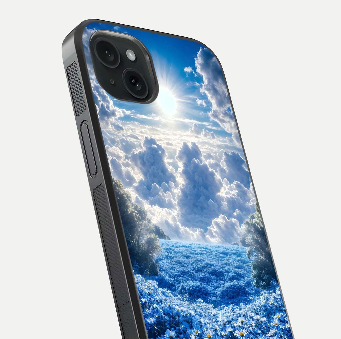 Heavenly Daisy Horizon Glass Case for iPhone 15 Plus close-up angled shot showing daisy petal details and light reflection