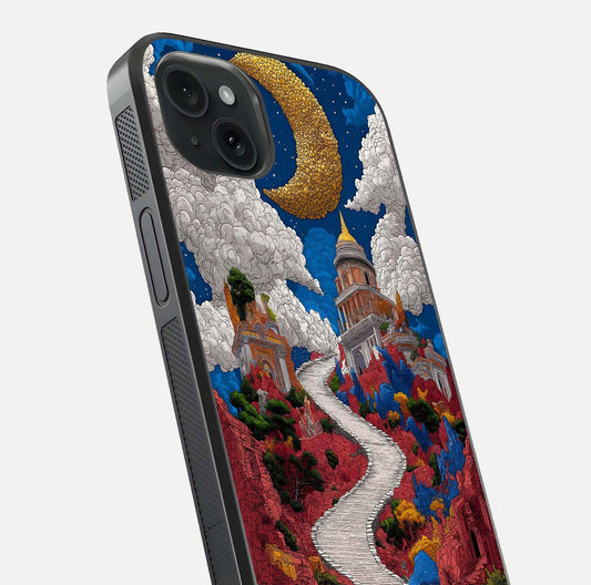Heavenly Moon Path Glass Case for iPhone 15 Plus close-up angled shot showing moon reflection and shimmer texture