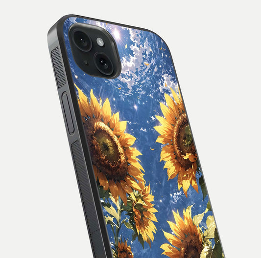 Heavenly Sunflower Rise Glass Case for iPhone 15 Plus close-up angled shot showing sunflower texture and reflection polish