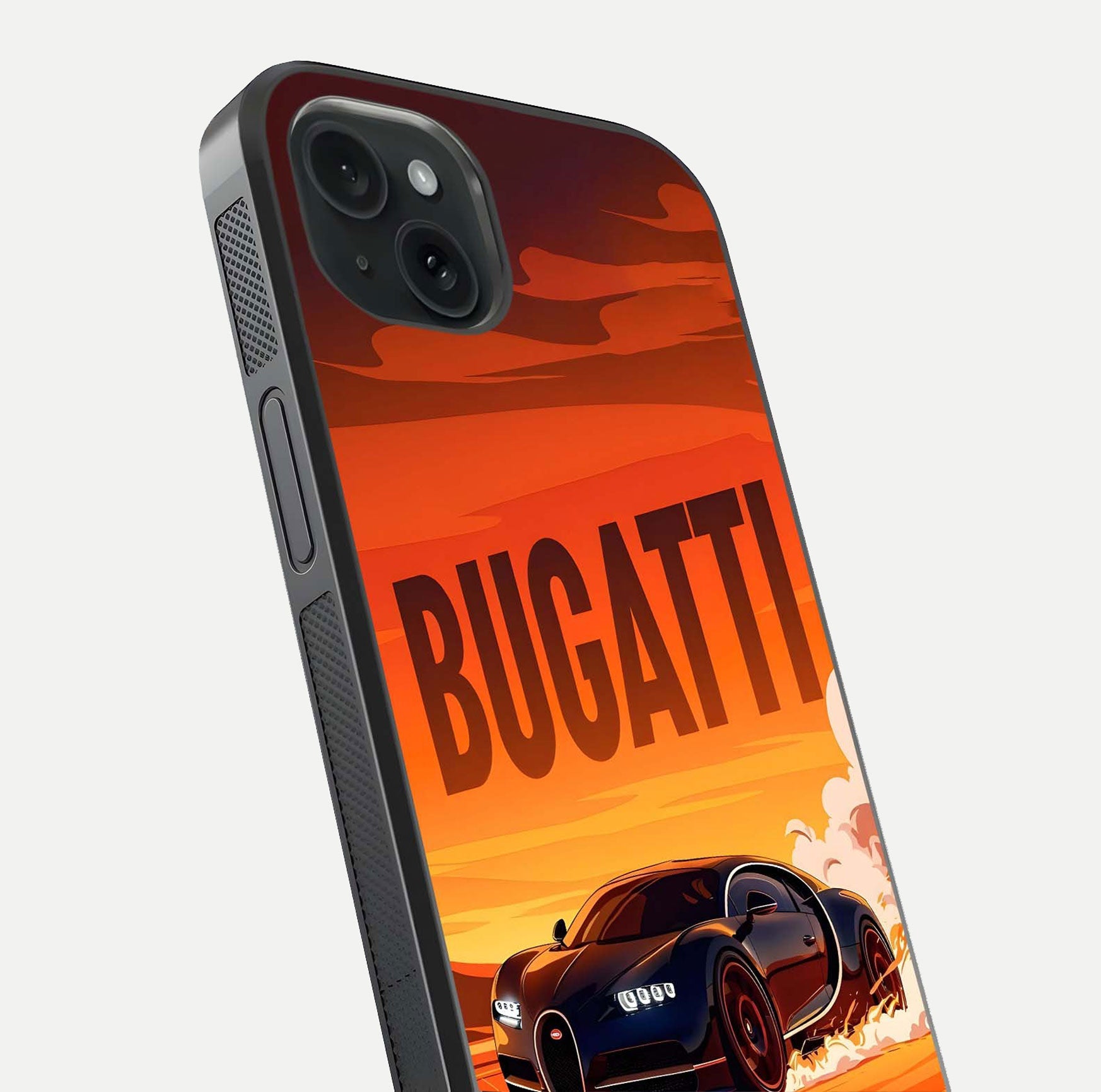 Inferno Bugatti Storm Glass Case for iPhone 15 Plus close-up angled shot showing flame details and reflection shine